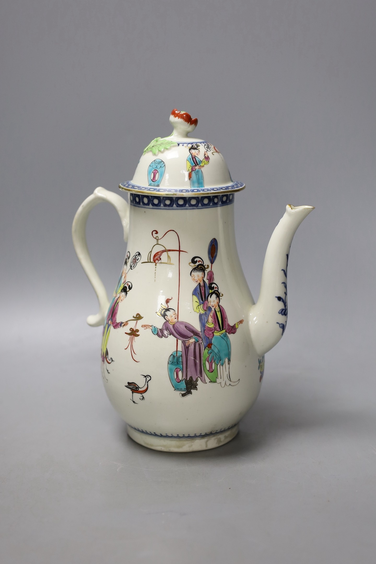 A Worcester coffee pot and cover painted with oriental figures in various pursuits circa 1772, 24cm high.